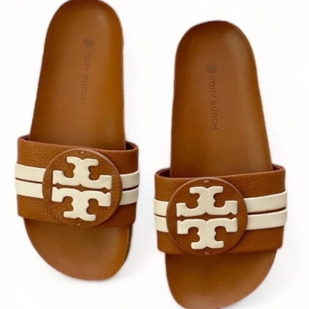 Tory Burch Leigh Anatomic Slides Sandles, Amber & New Ivory
